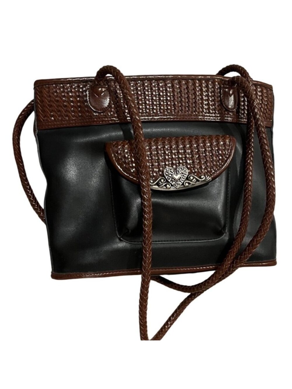 Brighton Black & Brown Tote Bag Woven Trim Heart Braided